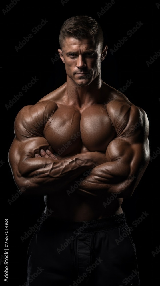 A muscular strong man, a bodybuilder with a naked torso, showing muscles, Abs, Biceps, triceps in the dark, on a black background. Sports, Fitness, Sports Healthy Nutrition, Protein Food, Healthy.