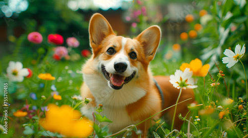 A corgi sitting in a meadow with flowers