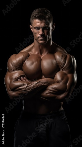 A muscular strong man, a bodybuilder with a naked torso, showing muscles, Abs, Biceps, triceps in the dark, on a black background. Sports, Fitness, Sports Healthy Nutrition, Protein Food, Healthy.