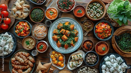 An overhead shot of a table filled with traditional Eid delicacies, ready for the festive meal shared among family and friends for Eid al Fitr