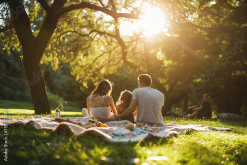 A family of four is sitting on a blanket in a park, enjoying a picnic photo