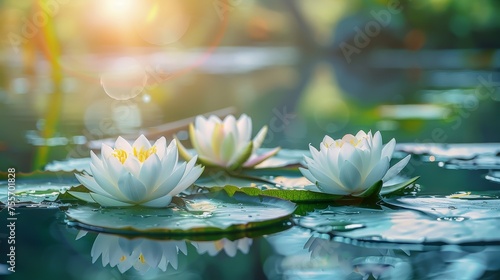 Beautiful water lilies floating on a peaceful lake 
