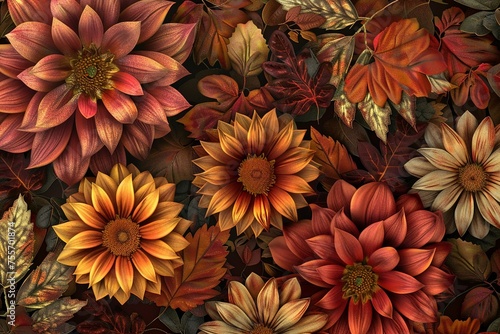 3D render illustrate of Autumn Floral Wallpaper Designs  Create digital wallpaper designs featuring autumn flowers such as chrysanthemums dahlias