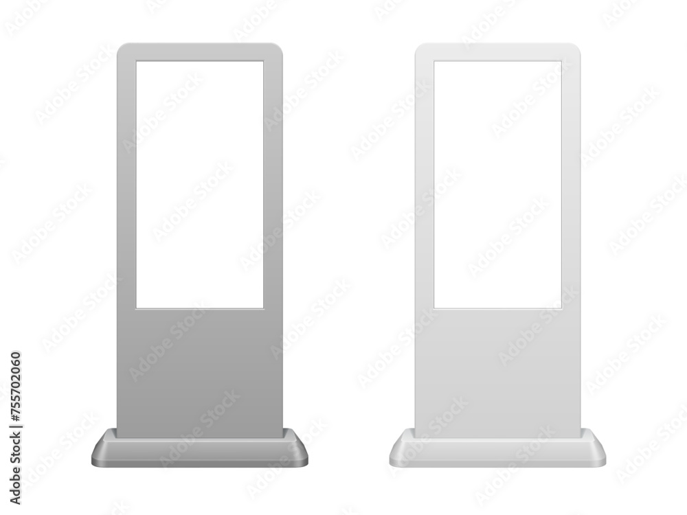Touch screen kiosk stand mockup, modern realistic 3d vector design. White interactive displays, versatile and stylish solution for user accessibility. Digital information board, self-service terminals Touch screen kiosk stand mockup, modern realistic 3d vector design. White interactive displays, versatile and stylish solution for user accessibility. Digital information board, self-service terminals