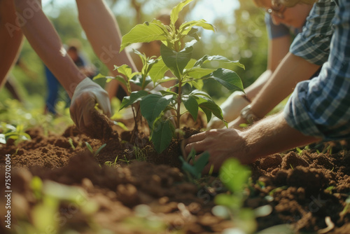 A group of people are planting a tree in the dirt
