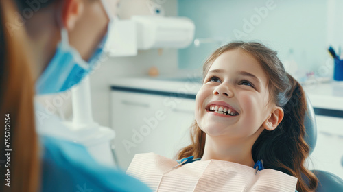 Little cute smiling girl is sitting in dental chair in clinic, office. Doctor is preparing for examination of child teeth with tools. Visiting dentist with children. Dental clinic promotion