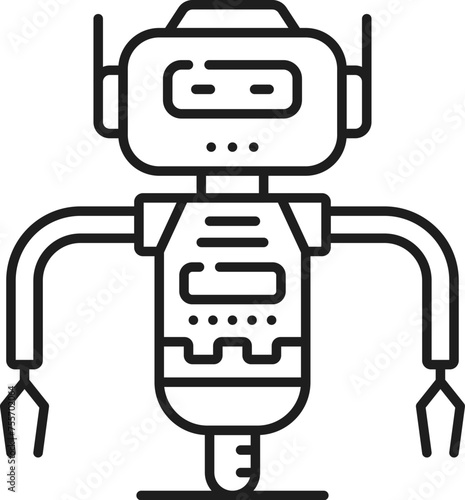 Robot or droid on wheel line and outline icon. Industry future machine humanoid droid outline symbol  virtual assistant or AI chatbot  robotic technology android with claws and wheel line vector icon