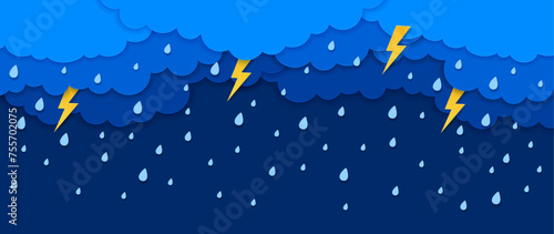 Paper cut rain clouds with water drops and lightning thunderstorm, vector background. Rainy weather, storm and thunderbolt lightning flash in sky, paper cut clouds with raindrops in cutout layers