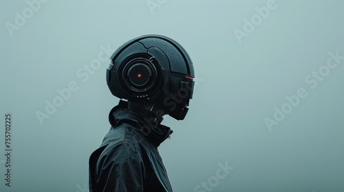 Enigmatic Figure in Futuristic Helmet with Red Lens
