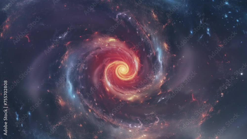 Spiral galaxy in space with flashes. Rotating Nebula space animation, 4k