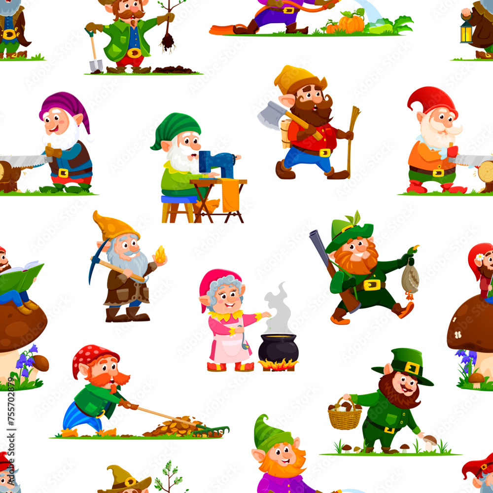 Cartoon gnome or dwarf characters seamless pattern, vector background for kids. Cute village gnome workers pattern, dwarf farmer in garden, cooking or sewing, gnome hunter with lumberjack and miner