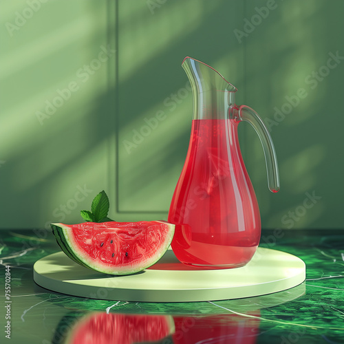 3D watermelon slice Lies next to a carafe with watermelon juice