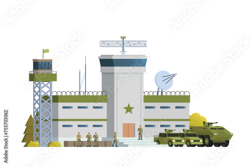 Vector military base building and vehicle or infographic elements military base buildings for city illustration