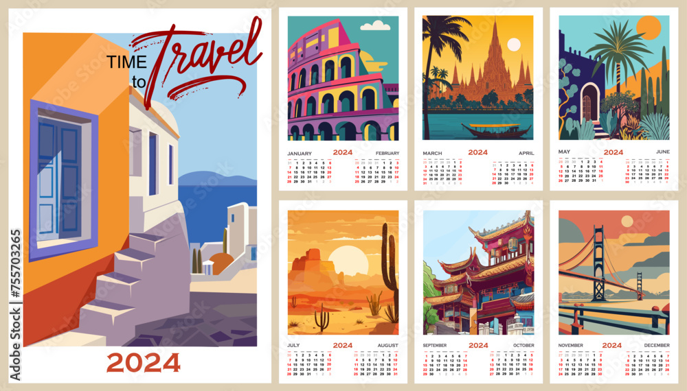 Calendar template for 2024. Vertical design with Travel destination prints. Vector colorful illustration page template A3, A2 for printable wall art monthly calendar. Week starts on Sunday. - obrazy, fototapety, plakaty 