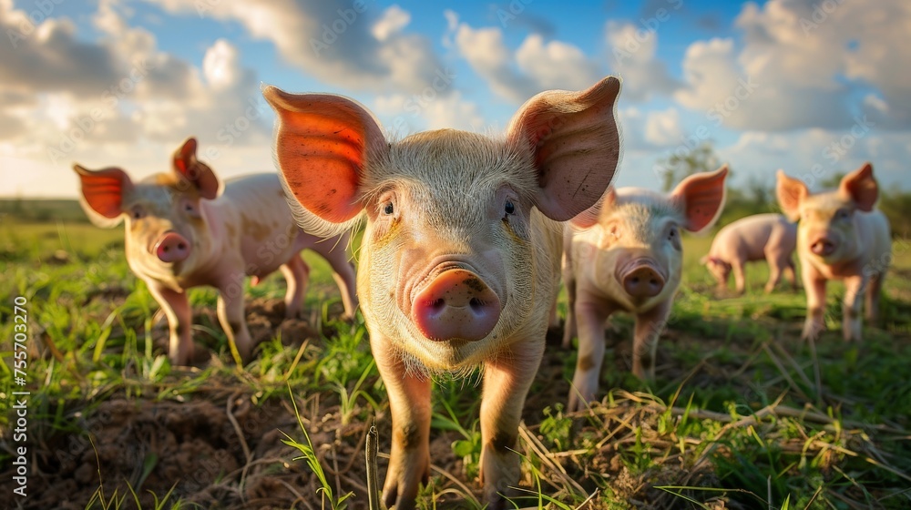 pig farm, An image of pigs in a meadow, Agriculture animal, an organic meat farm pig farm, An image of pigs in a meadow, Agriculture animal, an organic meat farm