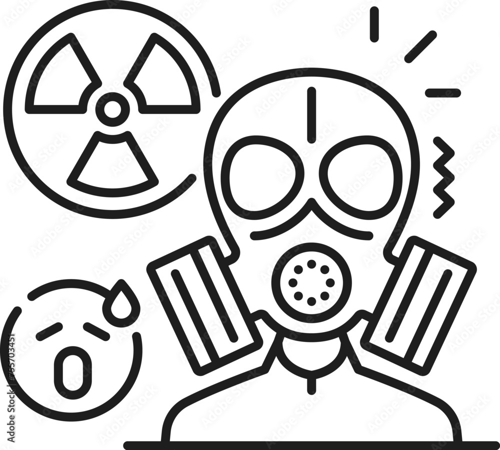 Human radiophobia phobia icon, mental health. Fear of ionizing radiation, people psychology problem line vector sign. Mental disorder thin line icon with human in gas mask, radioactive material symbol Human radiophobia phobia icon, mental health. Fear of ionizing radiation, people psychology problem line vector sign. Mental disorder thin line icon with human in gas mask, radioactive material symbol
