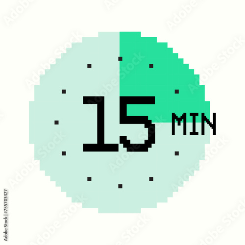 8-bit design with 15-minutes Timer composed of square pixels. Retro-inspired clock of green color, with fifteen minutes label on watch face, perfect for game interfaces and digital design
 photo