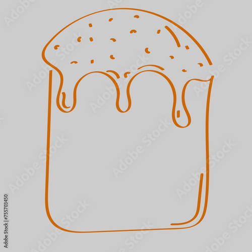 Illustration depicting a festive Easter cake drawn in onelineart style on a black background