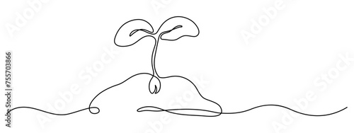 Growing sprout one line art drawing. Spring seedling and gardening concept black and white abstract minimal vector illustration.