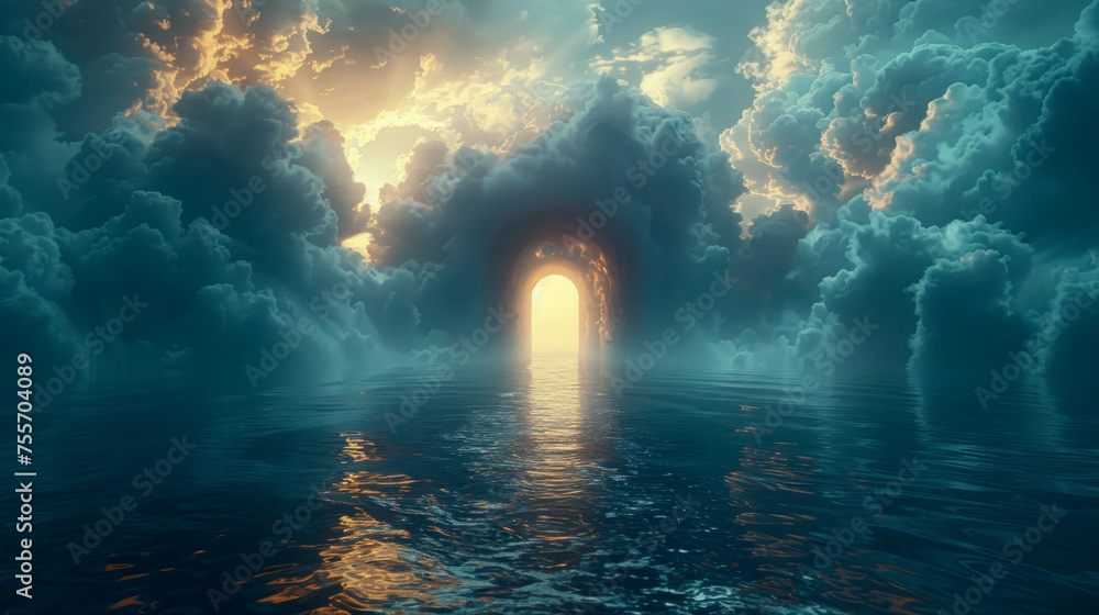 Mysterious arch of clouds over water, portal to heaven - obrazy, fototapety, plakaty 