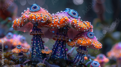 A captivating image of richly colored, ornate mushrooms with disturbing numerous eyes, delusion concept © Kondor83