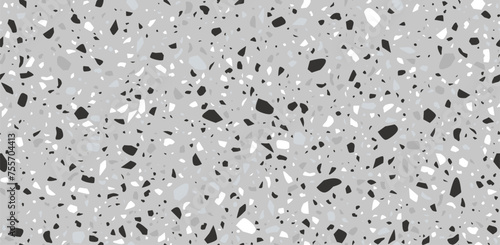 Black, white and grey terrazo mosaic tile pattern, terazzo marble stone floor texture, terazo ceramic background. Vector blend of marble, granite and glass chips, speckled surface for flooring or wall