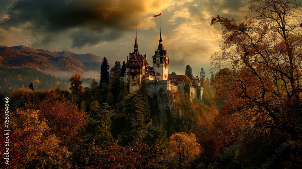 Gothic castle in mountains, autumn scenery