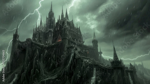 Sinister black haunted castle on rocky cliff, lightnings in the skies