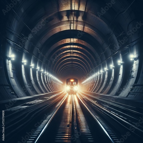 Train approaching inside a subway tunnel