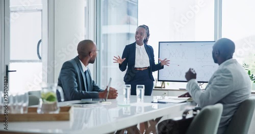 Business meeting, presentation and people in office teamwork with graph, chart or financial budget discussion. Finance, training or black woman speaker show digital display board for data analytics photo