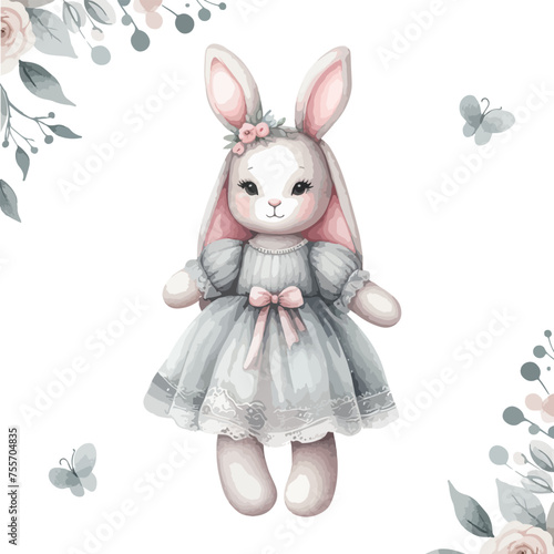 Cute watercolor plush doll bunny girl. Happy birthday card.
