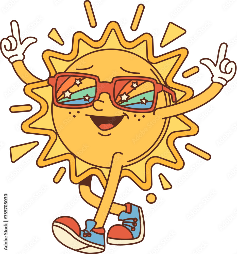 Groovy retro sun comical cartoon character. Hippie funny sun personage, groovy cheerful mascot sticker or 60s isolated vector happy character. Vintage shining star personage walking in sunglasses Groovy retro sun comical cartoon character. Hippie funny sun personage, groovy cheerful mascot sticker or 60s isolated vector happy character. Vintage shining star personage walking in sunglasses