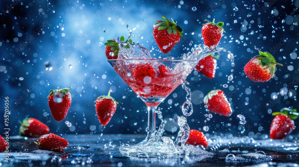 Clear cocktail with splash and flying strawberries