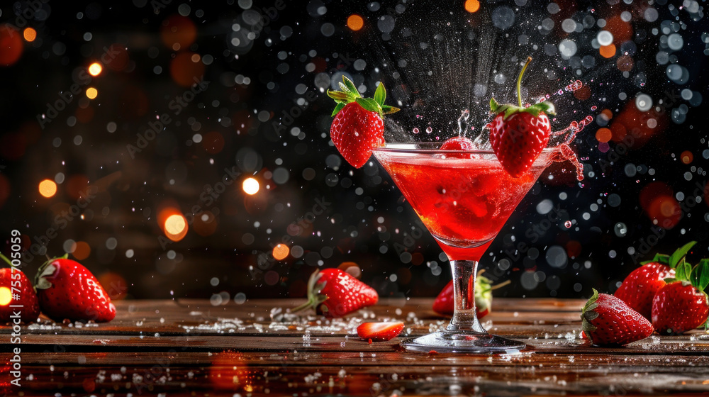 Red daiquiri cocktail with flying strawberries and splash - obrazy, fototapety, plakaty 