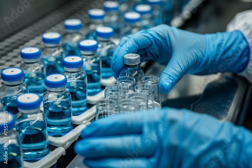 hands of a doctor. scientist or medical worker in blue sanitary glover controlling medicinal products vaccine vials at pharmaceutical factory. Pharma assembly line with liquid meds in glass bottles