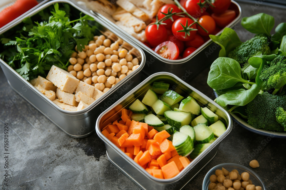 Assorted containers with vegetables, tofu, and chickpeas for healthy meal preparation and food storage concept Assorted containers with vegetables, tofu, and chickpeas for healthy meal preparation and food storage concept