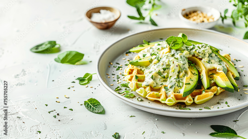 green vegan waffle with avocado. Spinach cheese waffles with avocado and zucchini on a white plate on white concrete background. Side view, copy space. Belgian waffle recipe, menu green vegan waffle with avocado. Spinach cheese waffles with avocado and zucchini on a white plate on white concrete background. Side view, copy space. Belgian waffle recipe, menu