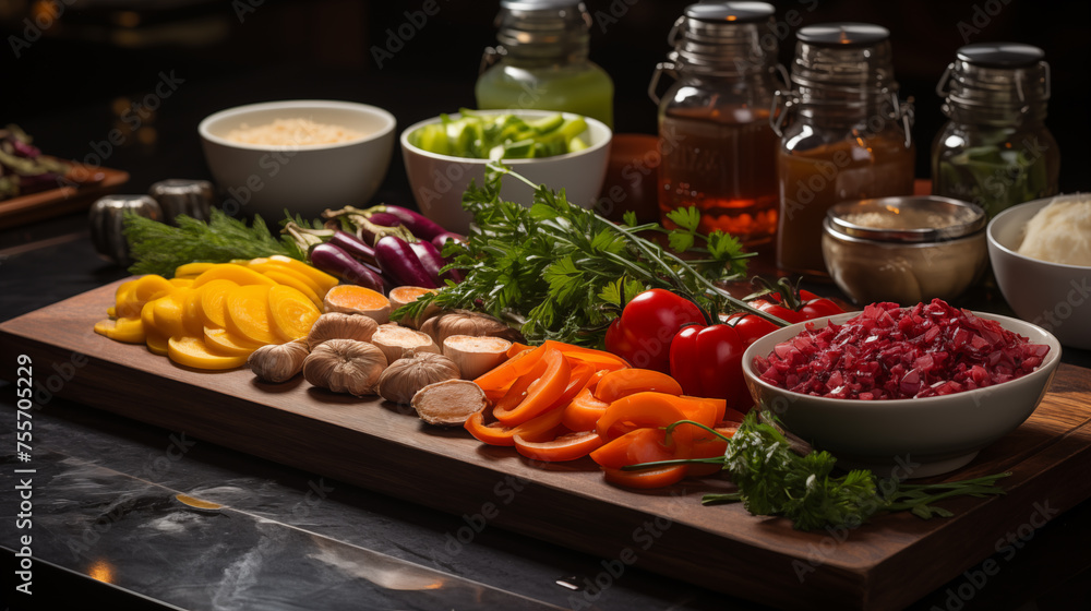 Assorted fresh vegetables and condiments on a dark kitchen counter, prepped for cooking. Assorted fresh vegetables and condiments on a dark kitchen counter, prepped for cooking.