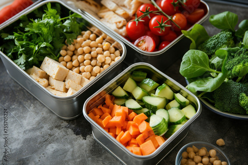 Assorted containers with vegetables, tofu, and chickpeas for healthy meal preparation and food storage concept © SHOTPRIME STUDIO