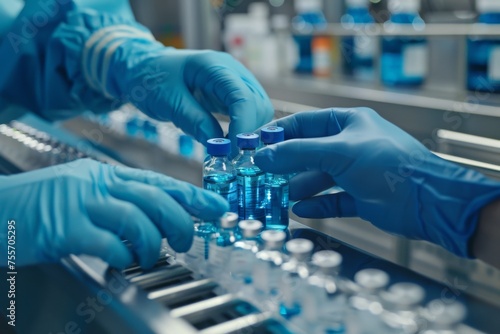 hands of a doctor. scientist or medical worker in blue sanitary glover controlling medicinal products vaccine vials at pharmaceutical factory. Pharma assembly line with liquid meds in glass bottles photo