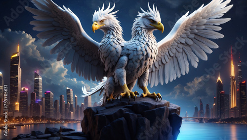 A white double-headed eagle in front of a skyline