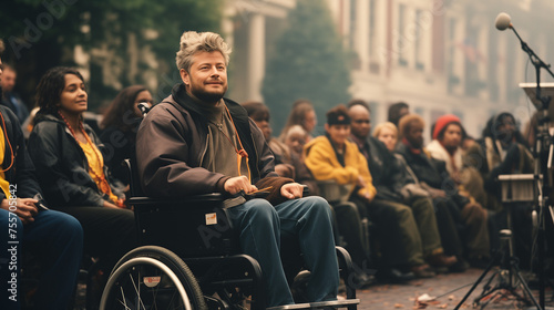 A Man In A Wheelchair Is A Spokesperson At A Social Event Dedicated To Problems in Society  photo