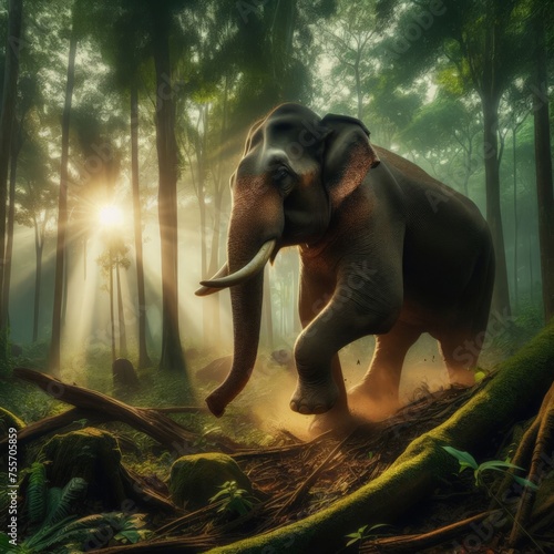 Indian elephant walks through the monsoon forest of Asia 