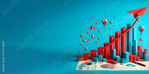 Growth graph on isolated background with red paper plane, banner with space for text