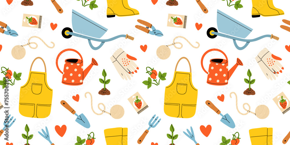Various garden items. Gardening Tools. Gloves with seedling, flower pot, tulip, shears, scissors, shovel, rubber boots, watering can, seeds. Hand drawn Vector seamless Pattern. Horticulture concept Various garden items. Gardening Tools. Gloves with seedling, flower pot, tulip, shears, scissors, shovel, rubber boots, watering can, seeds. Hand drawn Vector seamless Pattern. Horticulture concept