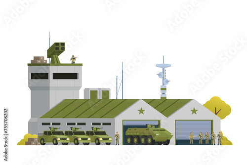 Vector military base building and vehicle or infographic elements military base buildings for city illustration