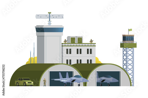 Vector military base building and vehicle or infographic elements military base buildings for city illustration