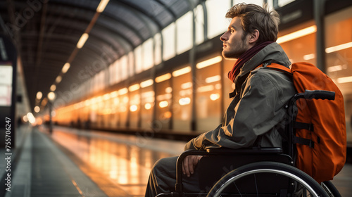 A Disabled Man In A Wheelchair Is Waiting For The Train At Main Train Station