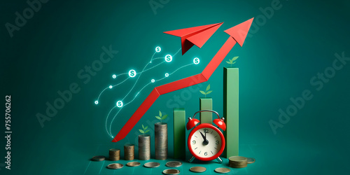Growth graph on isolated background with red paper plane, banner with space for text