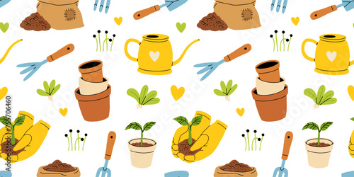Various garden items. Gardening Tools. Gloves with seedling, flower pot, tulip, shears, scissors, shovel, rubber boots, watering can, seeds. Hand drawn Vector seamless Pattern. Horticulture concept